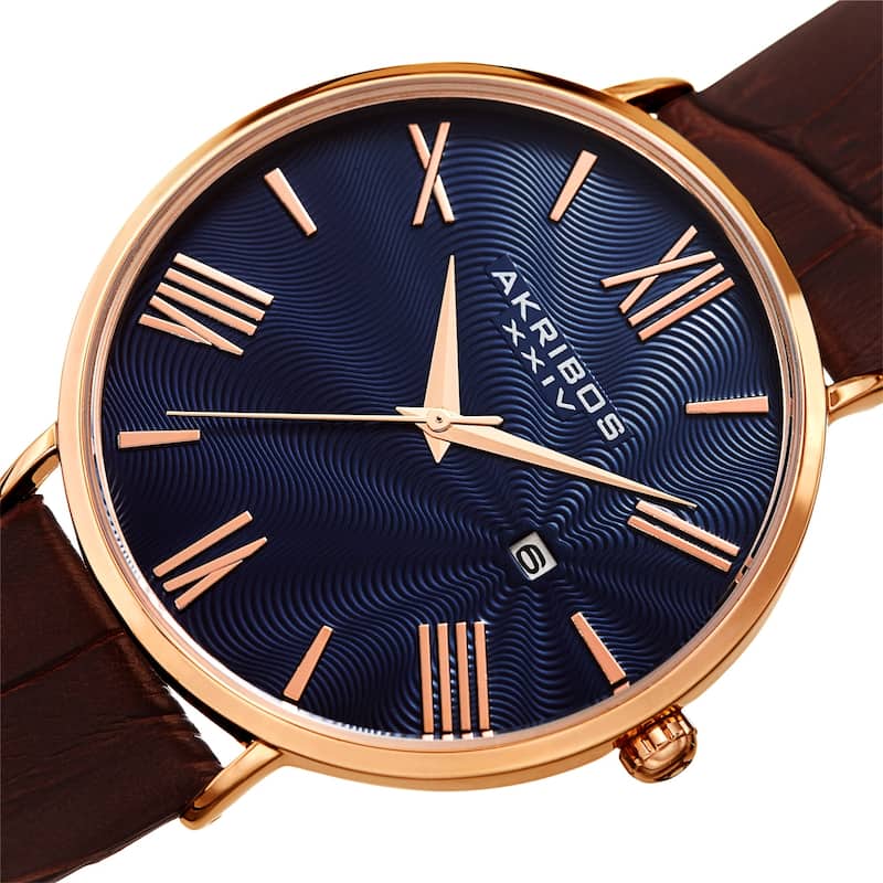 Akribos XXIV Men's Classic Date Brown Leather Strap Watch