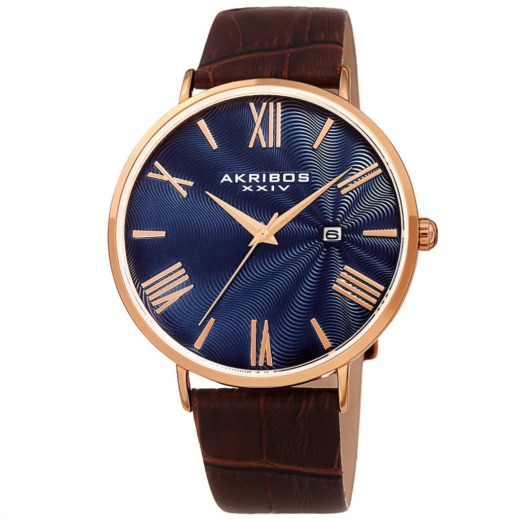 Akribos XXIV Men's Classic Date Brown Leather Strap Watch