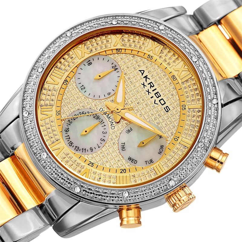 Akribos XXIV Men's Diamond Date Beaded Two-tone Bracelet Watch