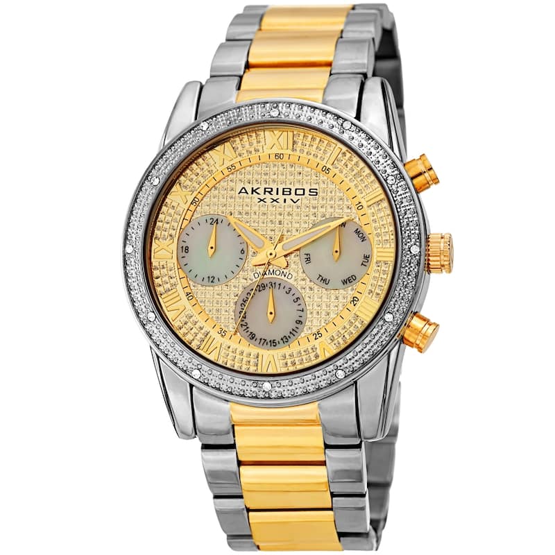 Akribos XXIV Men's Diamond Date Beaded Two-tone Bracelet Watch