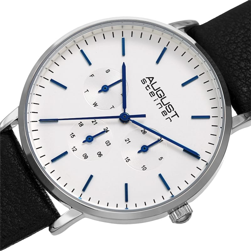 August Steiner Men's Date Multifunction Black Leather Strap Watch