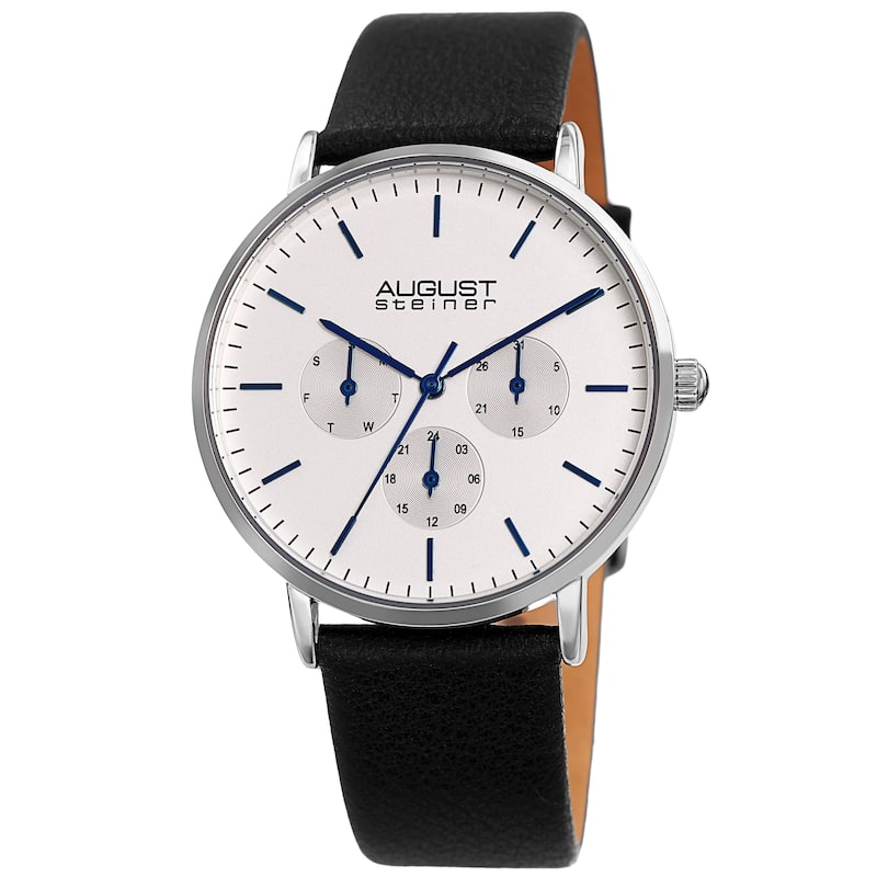 August Steiner Men's Date Multifunction Black Leather Strap Watch
