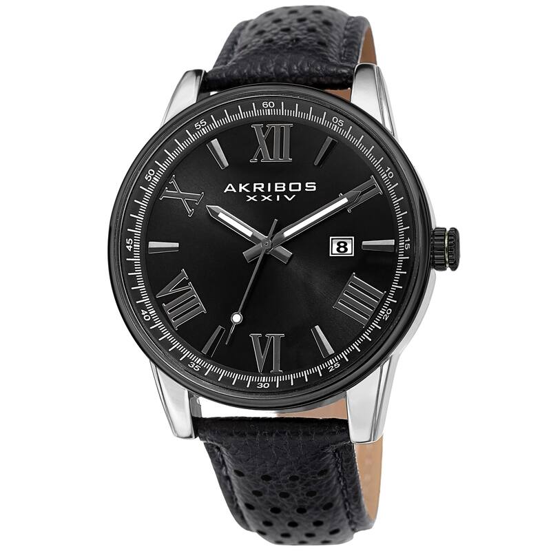 Akribos XXIV Men's Classic Perforated Black Leather Strap Watch