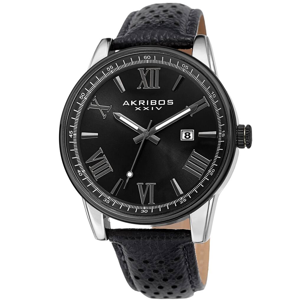 Akribos XXIV Men's Classic Perforated Black Leather Strap Watch
