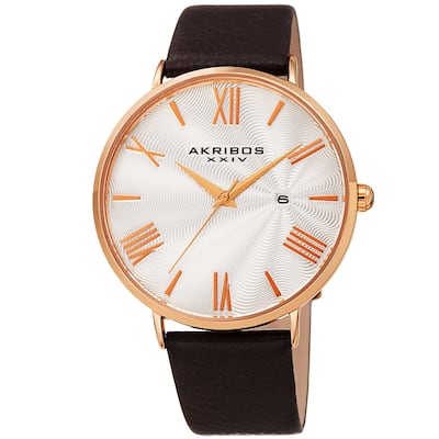 Akribos XXIV Men's Classic Date Brown Leather Strap Watch