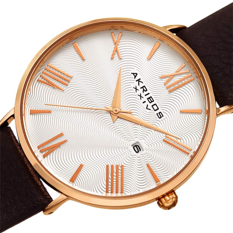 Akribos XXIV Men's Classic Date Brown Leather Strap Watch