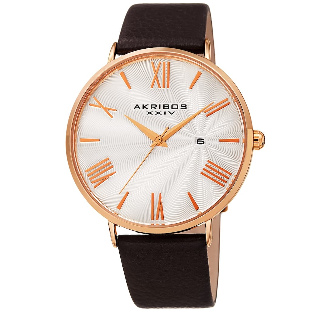 Akribos XXIV Men's Classic Date Brown Leather Strap Watch