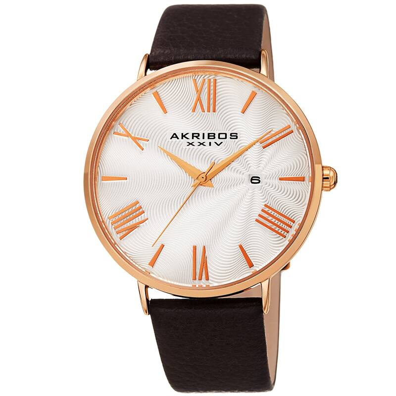 Akribos XXIV Men's Classic Date Brown Leather Strap Watch