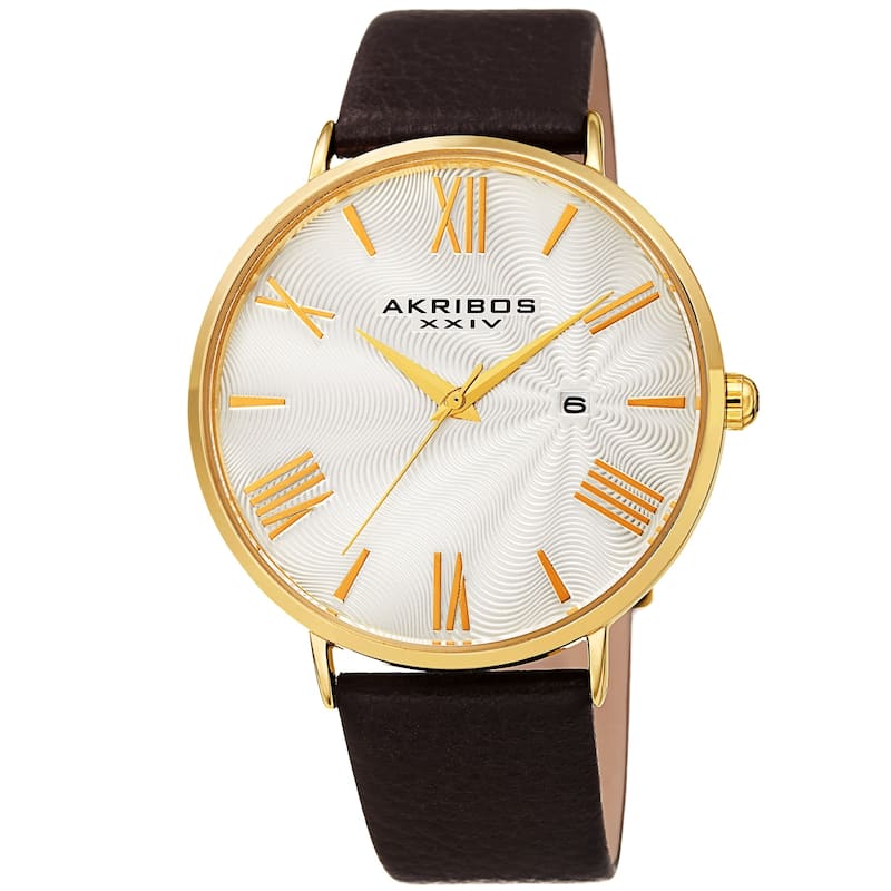 Akribos XXIV Men's Classic Date Brown Leather Strap Watch