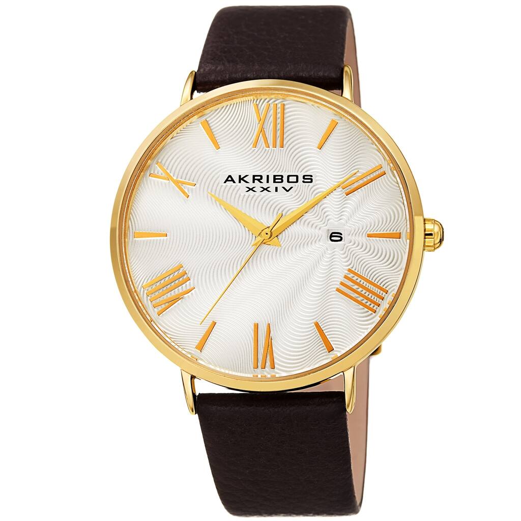 Akribos XXIV Men's Classic Date Brown Leather Strap Watch