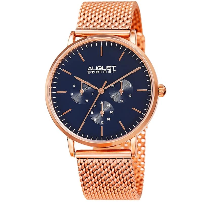 August Steiner Men's Date Multifunction Rose-tone Stainless Steel Mesh Strap Watch