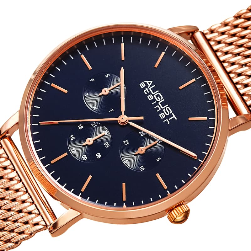 August Steiner Men's Date Multifunction Rose-tone Stainless Steel Mesh Strap Watch