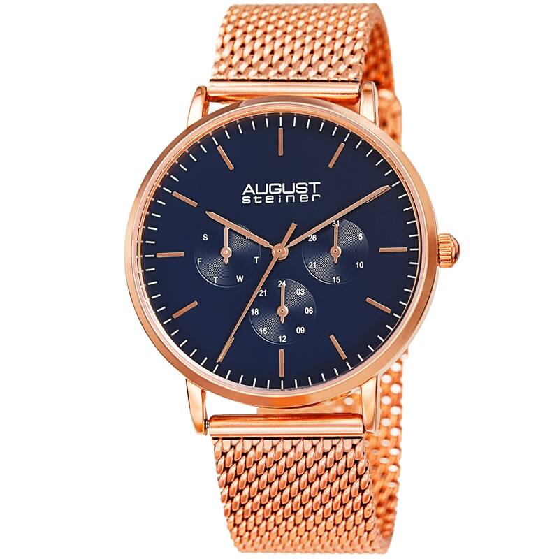 August Steiner Men's Date Multifunction Rose-tone Stainless Steel Mesh Strap Watch