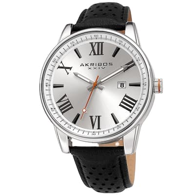 Akribos XXIV Men's Classic Perforated Black Leather Strap Watch
