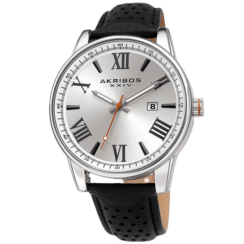 Akribos XXIV Men's Classic Perforated Black Leather Strap Watch