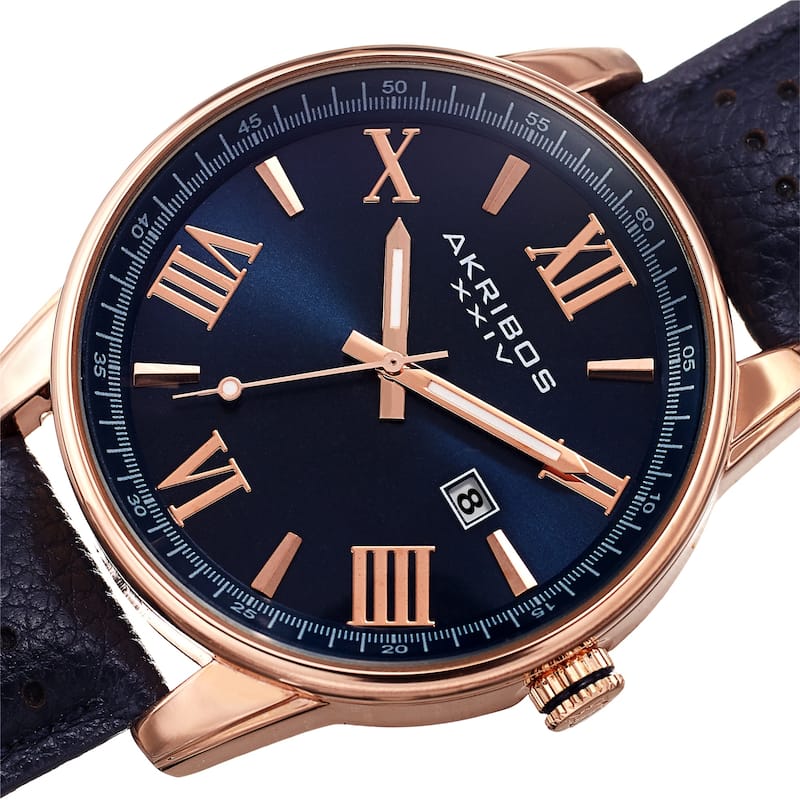 Akribos XXIV Men's Classic Perforated Blue Leather Strap Watch