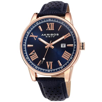 Akribos XXIV Men's Classic Perforated Blue Leather Strap Watch