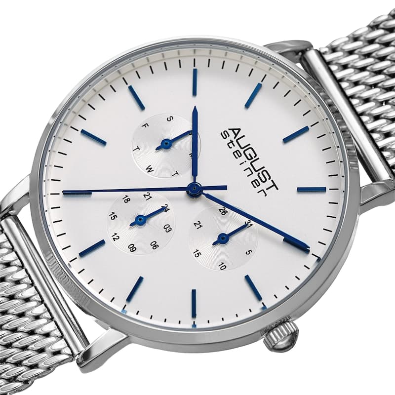 August Steiner Men's Date Multifunction Silver-tone Stainless Steel Mesh Strap Watch