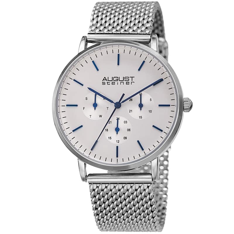 August Steiner Men's Date Multifunction Silver-tone Stainless Steel Mesh Strap Watch