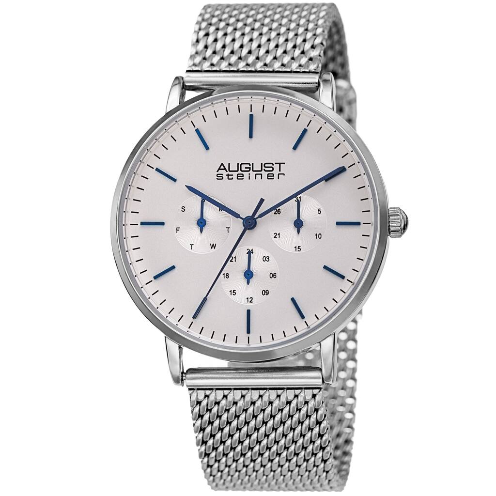 August Steiner Men's Date Multifunction Silver-tone Stainless Steel Mesh Strap Watch