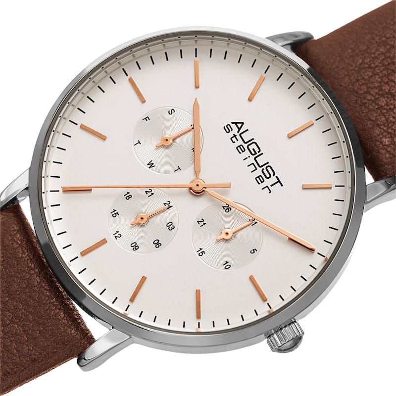 August Steiner Men's Date Multifunction Brown Leather Strap Watch