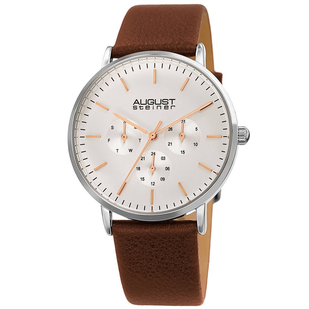 August Steiner Men's Date Multifunction Brown Leather Strap Watch