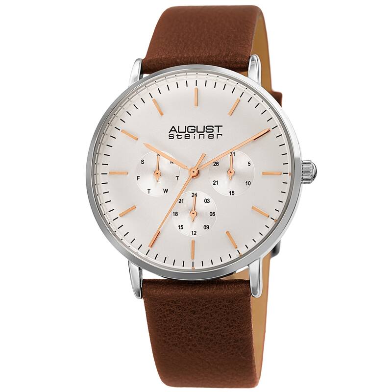 August Steiner Men's Date Multifunction Brown Leather Strap Watch