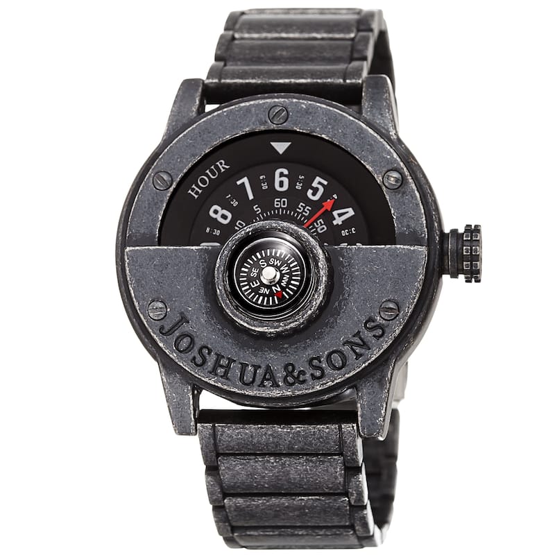 Joshua & Sons Men's Rotating Wheel Compass Antique Style Bracelet Watch - black