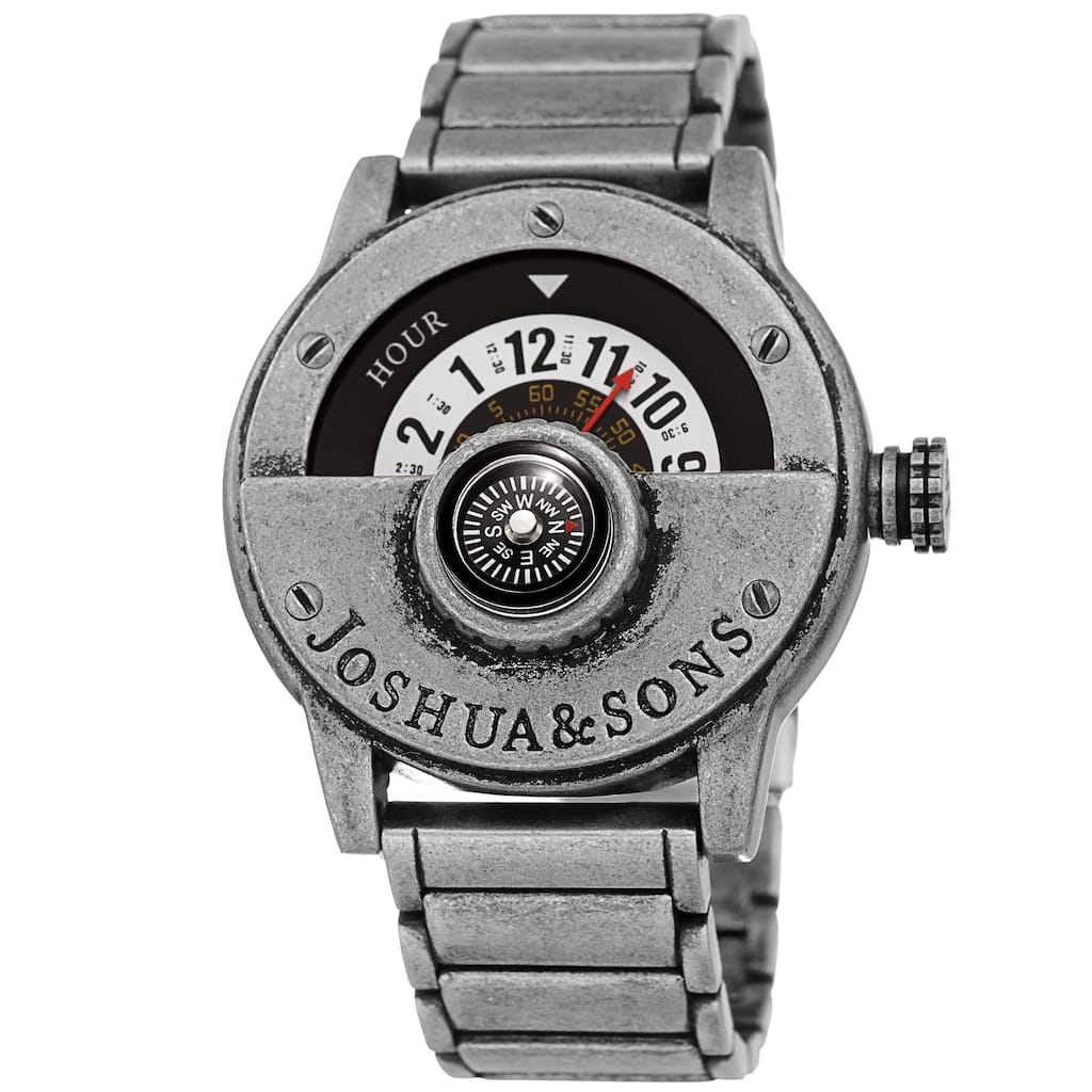 Joshua & Sons Men's Rotating Wheel Compass Antique Style Silver-tone Bracelet Watch