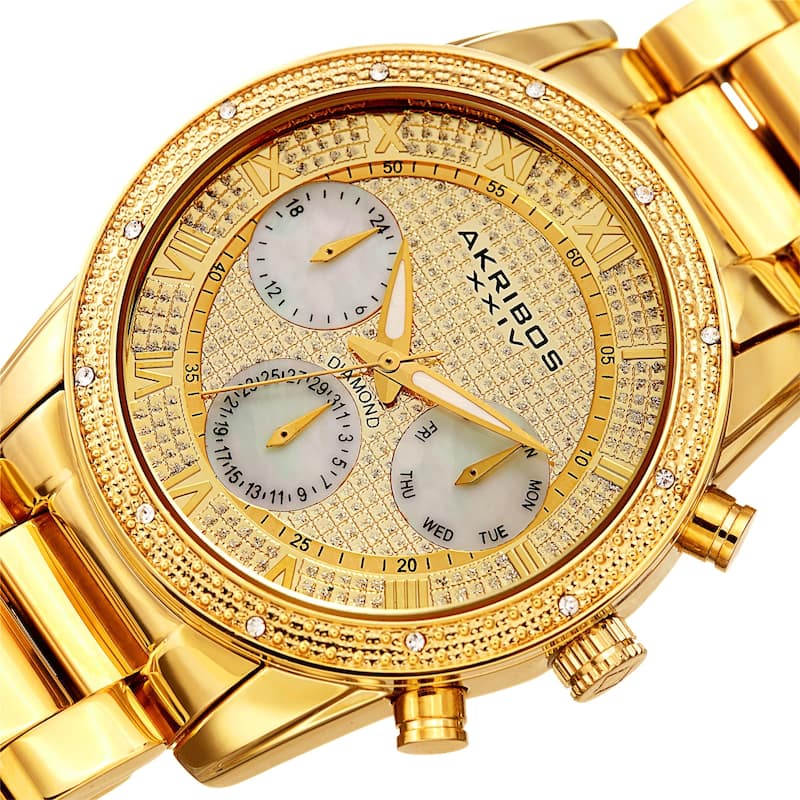 Akribos XXIV Men's Diamond Date Beaded Gold-tone Bracelet Watch