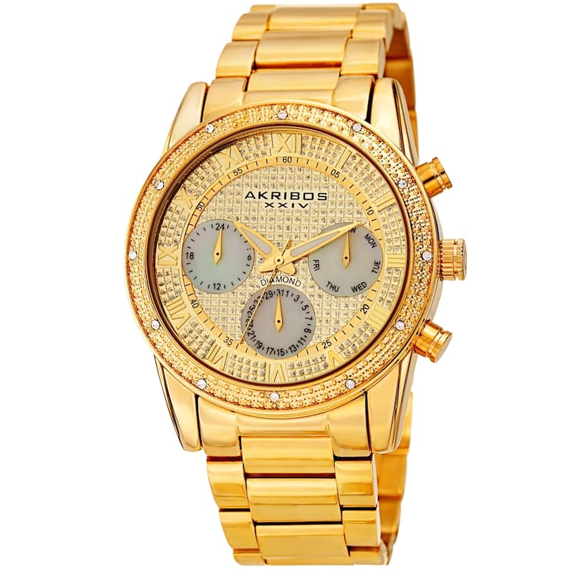Akribos XXIV Men's Diamond Date Beaded Gold-tone Bracelet Watch