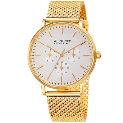 August Steiner Men's Date Multifunction Gold-tone Stainless Steel Mesh Strap Watch