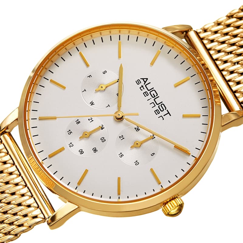 August Steiner Men's Date Multifunction Gold-tone Stainless Steel Mesh Strap Watch