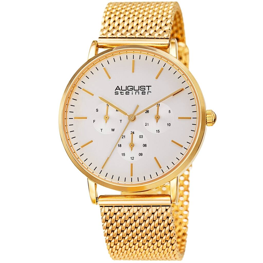 August Steiner Men's Date Multifunction Gold-tone Stainless Steel Mesh Strap Watch