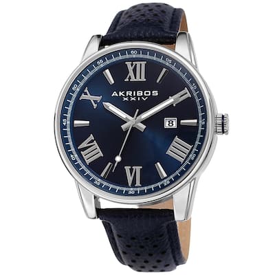 Akribos XXIV Men's Classic Perforated Blue Leather Strap Watch