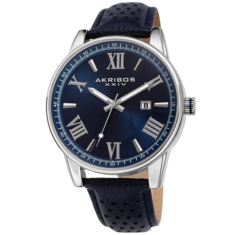 Akribos XXIV Men's Classic Perforated Blue Leather Strap Watch