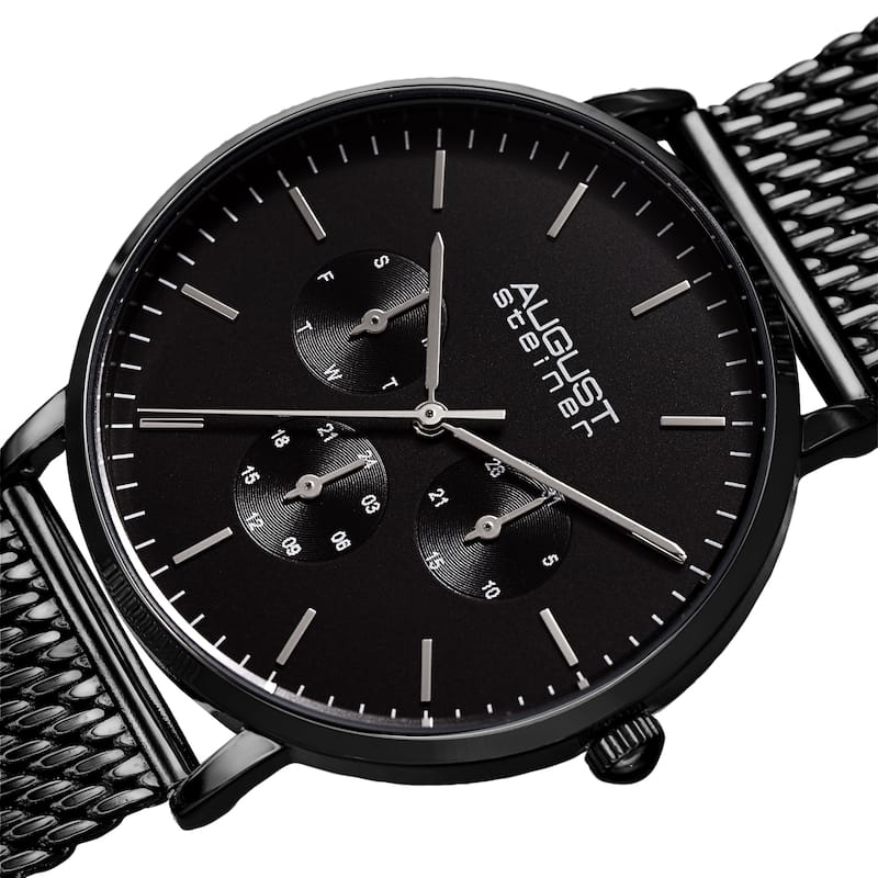August Steiner Men's Date Multifunction Black Stainless Steel Mesh Strap Watch