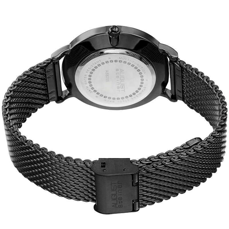 August Steiner Men's Date Multifunction Black Stainless Steel Mesh Strap Watch