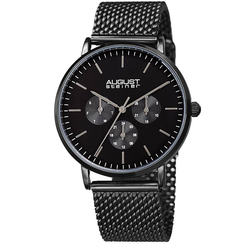 August Steiner Men's Date Multifunction Black Stainless Steel Mesh Strap Watch