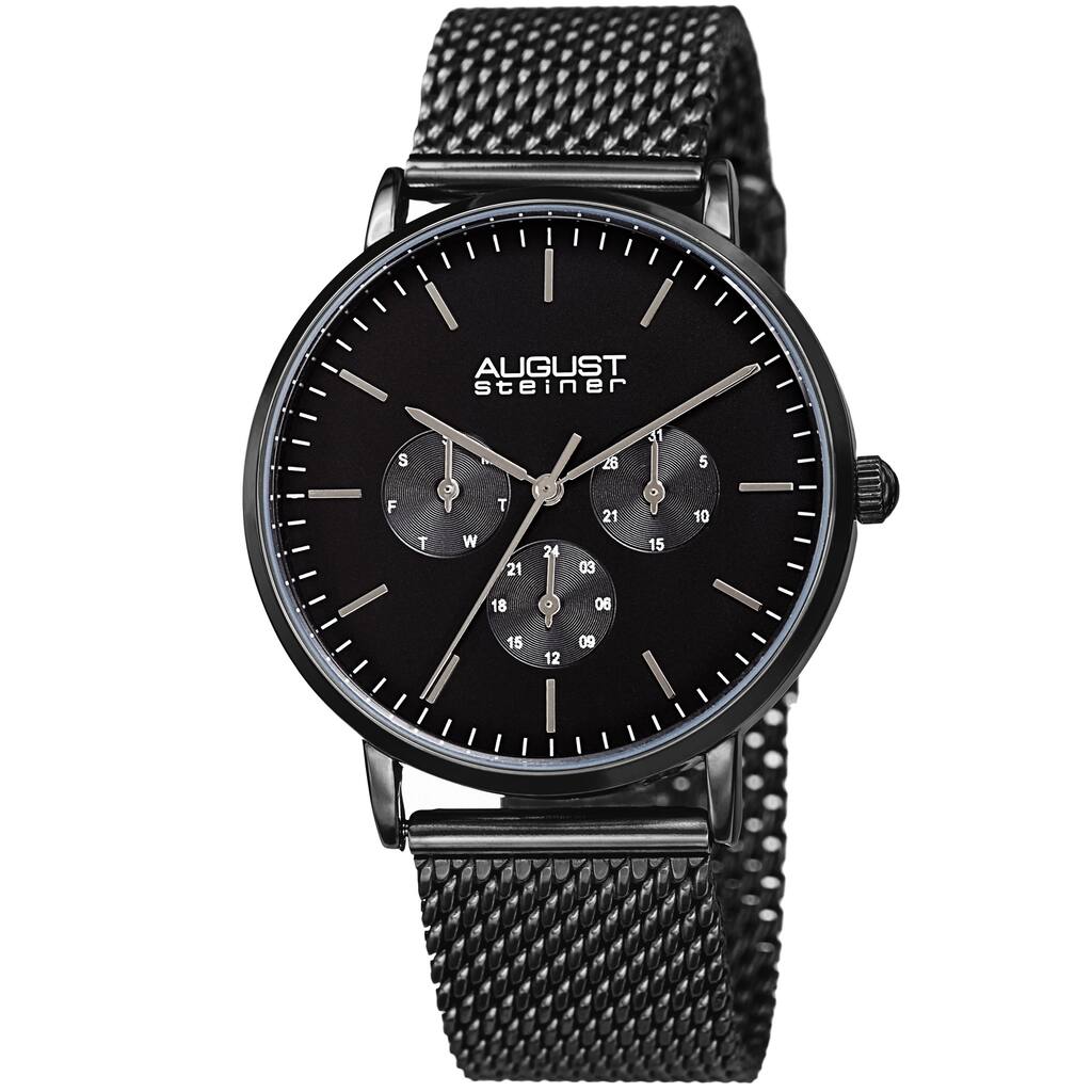 August Steiner Men's Date Multifunction Black Stainless Steel Mesh Strap Watch
