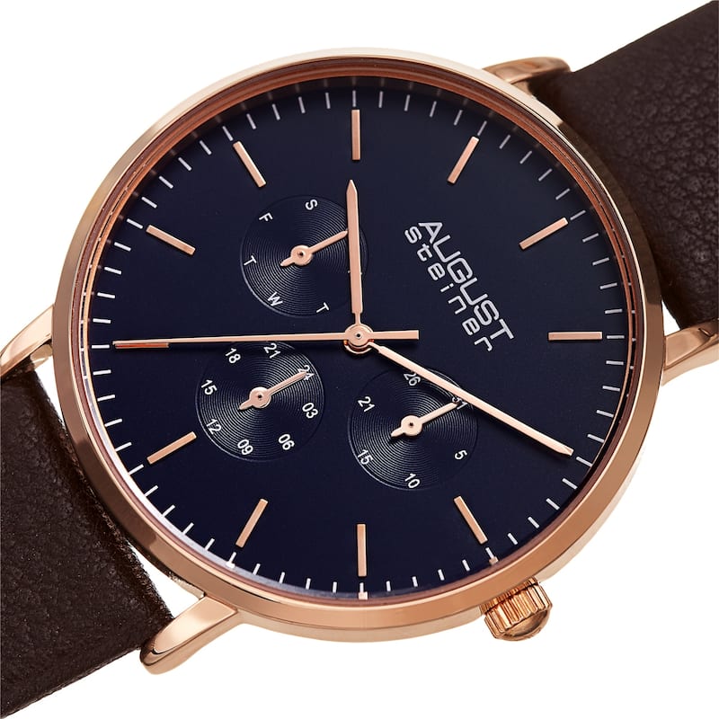 August Steiner Men's Date Multifunction Brown Leather Strap Watch