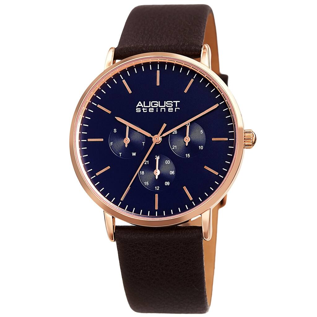 August Steiner Men's Date Multifunction Brown Leather Strap Watch