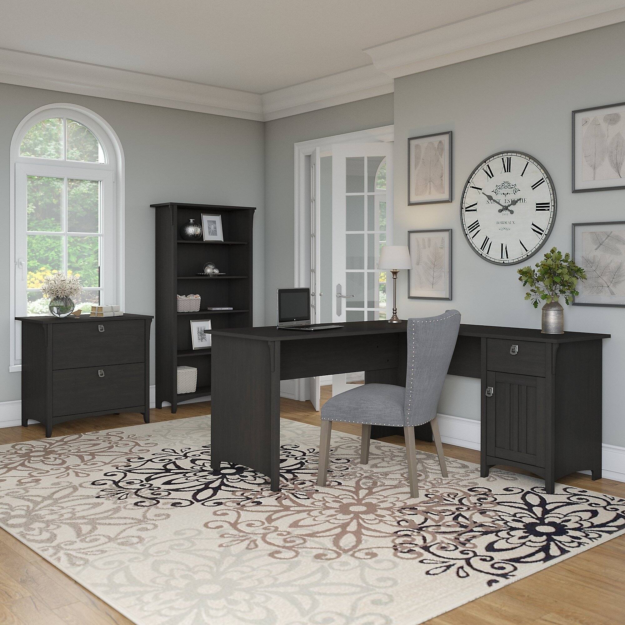 Lshaped Desk with Lateral File and Bookcase in Vintage Black