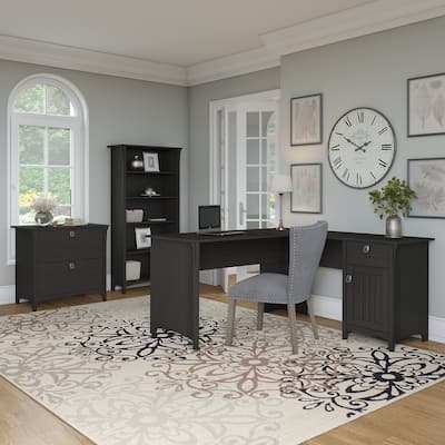L-shaped Desk with Lateral File Cabinet and Bookcase in Vintage Black