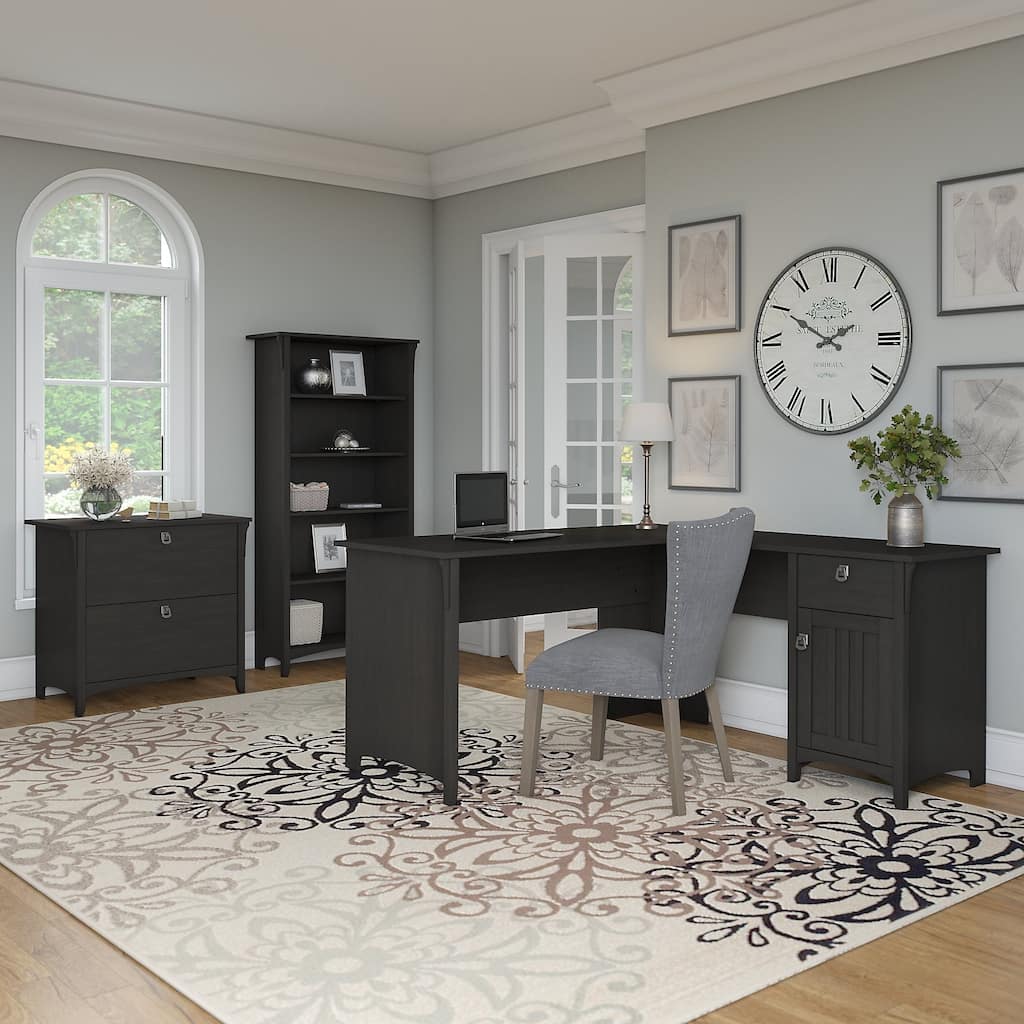 L-shaped Desk with Lateral File Cabinet and Bookcase in Vintage Black