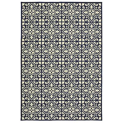 Style Haven Marianna Two-Tone Tile Navy/ Off-White Loop Pile Indoor Outdoor Rug