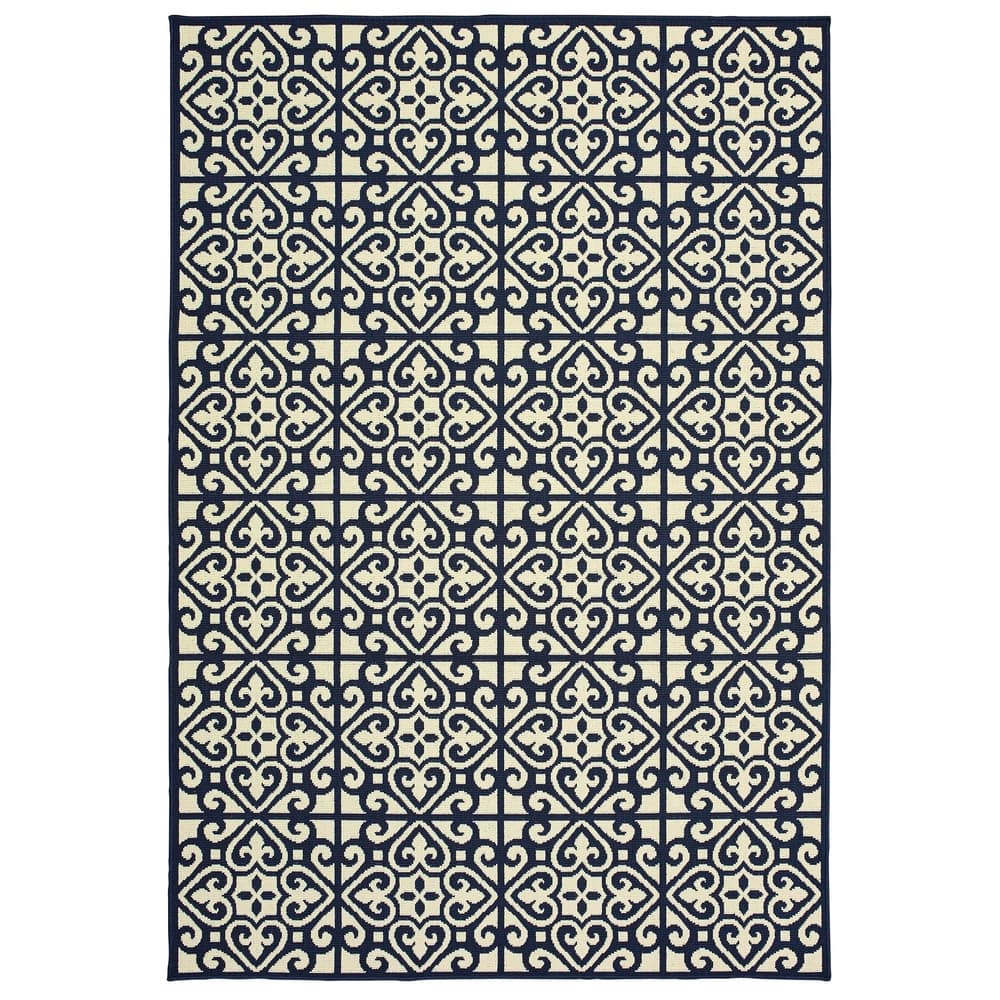 Style Haven Marianna Two-Tone Tile Navy/ Off-White Loop Pile Indoor Outdoor Rug