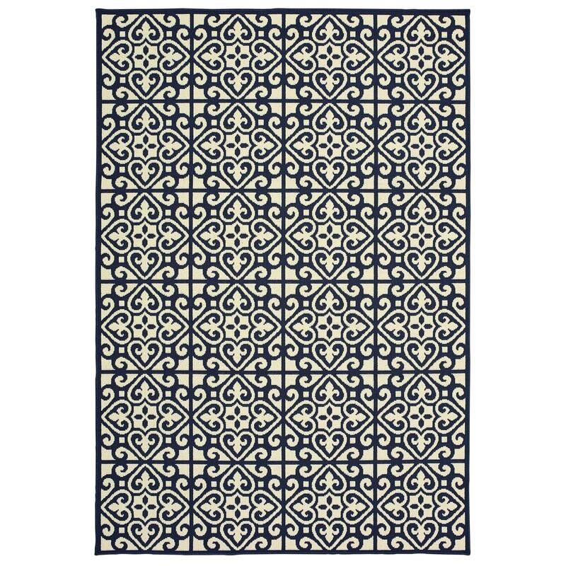 Style Haven Marianna Two-Tone Tile Navy/ Off-White Loop Pile Indoor Outdoor Rug