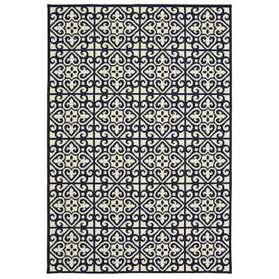 Style Haven Marianna Two-Tone Tile Navy/ Off-White Loop Pile Indoor Outdoor Rug