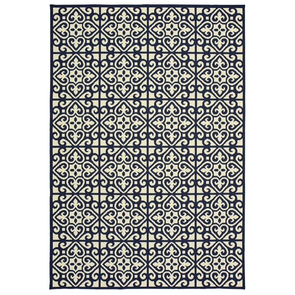 Style Haven Marianna Two-Tone Tile Navy/ Off-White Loop Pile Indoor Outdoor Rug